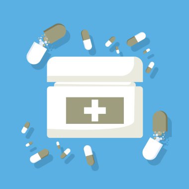 Bir tıbbi hap şişesi ve kapsülleri gösteren vektör illüstrasyonu, profesyonel kullanım için eczacılık ürünleri, tıp ve sağlıkla ilgili konuları temsil etmektedir.