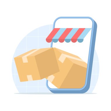 Elle takip cihazı ve mobil takip simgeleriyle ürün teslimatını gösteren resim, çevrimiçi dağıtımı sembolize eden, lojistik çözümler ve sevkiyat izleme.