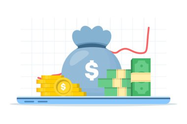 Dijital bir cihazda para ve finansal grafiklerin temsili, iş analizleri, pazarlama sezgileri ve finansal stratejiyi temsil eden vektör illüstrasyonu.