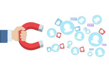 Düz bir vektör pankartıyla müşteri koruma stratejileri, destek hizmetleri ve müşteri çekimini gösteren illüstrasyon. Pazarlama, iş büyümesi ve CRM görselleri için mükemmel.