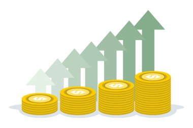 İllüstrasyon, yeşil okları bozuk para yığınlarıyla gösteriyor, iş büyümesini temsil ediyor, artan kârlar, finansal gelişmeler ve düz vektör tarzında yatırım kazanımları.