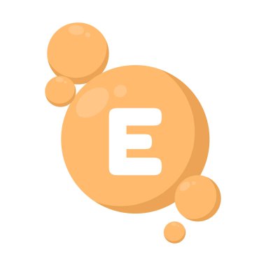 E vitamini simgesi düz bir şekilde beyaz izole edilmiş arka planda hap kapsülü ile. Cilt işi, güzellik ürünü, ilave ve ve kozmetik sağlık konsepti için vektör illüstrasyonu.