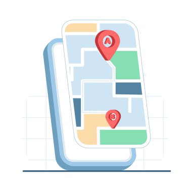 A noktasından B noktasına izleme konsepti. Güzergah navigasyonu, harita yönü, GPS izleme ve konum kılavuz tasarımı için vektör illüstrasyonu.