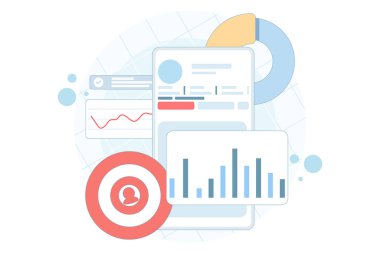 Gösterge tablosu, kullanıcı profilleri ve nişan verilerini gösteren sosyal medya performans analizi kavramı. SMM analizleri, izleyici içgörüleri ve pazarlama ölçümleri için vektör illüName.