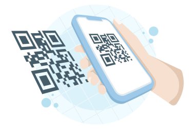 Akıllı telefonlu QR kod tarama konsepti. Dijital ödeme için vektör illüstrasyonu, QR kod tarayıcısı, mobil işlem ve ulaşılamaz teknoloji.
