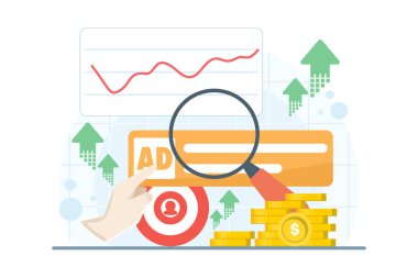 PPC reklam analizi konsepti, tıklamalar, masraf yığınları, gelir okları ve trend çizelgeleri. Tıklama başına ödeme optimizasyonu, kampanya performansı ve dijital pazarlama ROI için vektör illüstrasyonu.