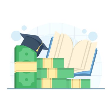 Paralı burs konsepti, bozuk para yığını ve mezuniyet şapkası. Eğitim finansmanı, mali yardım, öğrenci bursu ve akademik destek için vektör illüstrasyon.