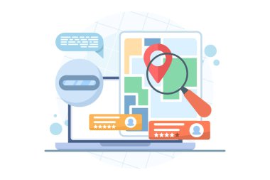 Yapay zeka arama motoru yerel sonuçları haritalar, navigasyon ve incelemelerle gösteriyor. Yapay zeka araması, yerel SEO ve iş keşfi için vektör illüstrasyonu.