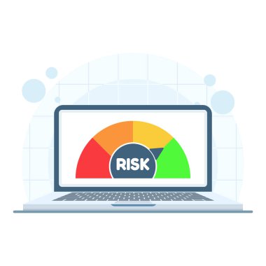 Risk değerlendirmesi düz çizim, dizüstü bilgisayarın risk ölçerini düşük ile yüksek arasında gösteriyor. İş analizi, güvenlik değerlendirmesi ve karar verme vektörü.