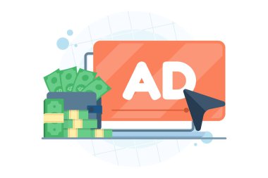 İmleç tıklama reklamı ile PPC reklam kavramı. Tıklama başına ödeme için vektör illüstrasyonu, ücretli kampanyalar, iş yatırımları ve marka tanıtımı.