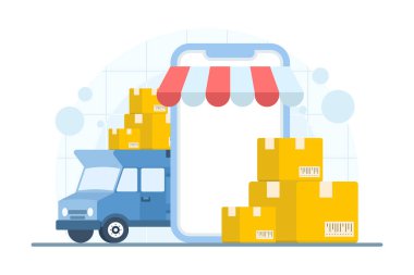 Karton kutuları ve akıllı telefon uygulama konseptiyle paket teslimat minibüsü. Hızlı dağıtım servisi, lojistik izleme ve mobil nakliye için vektör ilüstrasyonu.