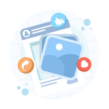 Sosyal medya, sevgi ve paylaşım ikonları içeren illüstrasyonlar yayınlıyor. Çevrimiçi etkileşim, bağlanma ve dijital platform iletişimi için vektör illüstrasyonu.