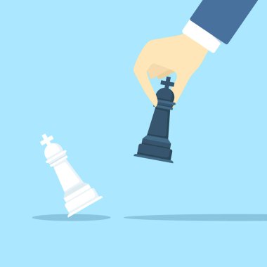 Kara satranç kralını elinde tutan bir strateji uzmanıyla iş stratejisi konsepti. Planlama, liderlik, yönetim ve rekabetteki zaferin sembolü. Düz vektör illüstrasyonu.