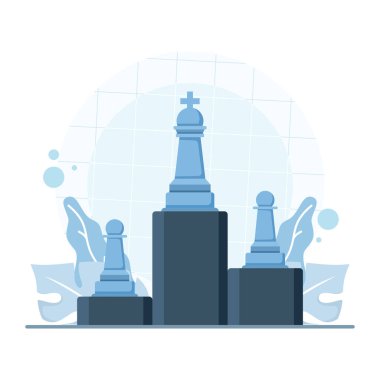 Satranç kralı ve piyon konsepti kazanan podyumda. Liderliğin sembolü, birincilik, strateji, başarı ve yönetim. Düz vektör illüstrasyonu.