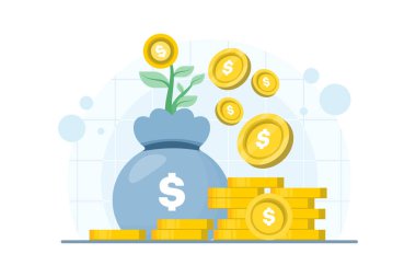 İzole bir arka planda altın bir paradan filizlenen genç bitkinin para yetiştirme konsepti. Yatırım büyümesi, finans ve zenginlik inşası için dijital pazarlama illüstrasyonu.