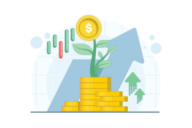 Genç bitki, yukarı doğru ok ve izole edilmiş arka planda altın sikke ile gelecekteki konsepte mali büyüme. Yatırım büyümesi, kar ve iş başarısı için dijital pazarlama illüstrasyonu.