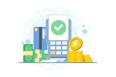 Para yönetimi konsepti çizimi, kart okutma makinesi, nakit ve izole arka plandaki dünya. Dijital ödemeler, küresel finans, fintech ve dijital pazarlama projeleri için ideal.