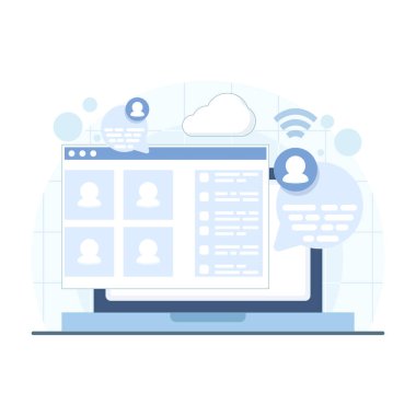 Takım işbirliği ve tartışmasını gösteren iş iletişimi platformunun vektör çizimi. Konuşma baloncukları profesyonel sohbeti, ortak fikirleri ve iş akışını temsil ediyor.