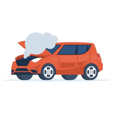 Kaputu açık ve dumanı dışarı çıkan kırık bir araba. Araç arızası, motor arızası ve acil yardım konsepti çizimi.