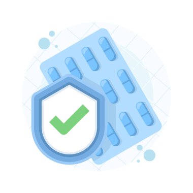 İlaçlar, vitaminler ve antibiyotiklerle ilaç ve sağlık koruma konsepti çizimi. Dokunulmazlığı, sağlık hizmetini ve sağlık tasarımını temsil eden kalkan sembollü tablet.