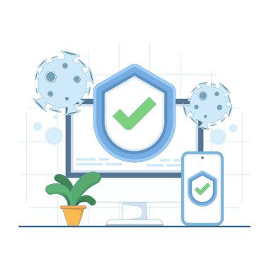 Siber güvenlik ve antivirüs koruma illüstrasyonları cihaz güvenliğini, veri korumasını, kötü amaçlı yazılım savunmasını ve güvenli dijital teknoloji kavramlarını gösteriyor.