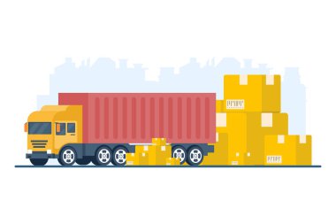 Lojistik ve kargo teslimatı için minimum vektör ikonu çizimi. Kamyonlar, yük taşımacılığı, kurye hizmeti ve uluslararası nakliye operasyonlarıyla küresel ihracat ve ithalat kavramı.