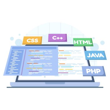 Web sitesi programlama ve kodlamanın vektör illüstrasyonu. Web geliştirme, yazılım oluşturma, uygulama tasarımı ve dijital geliştirme iş akışı kavramı.