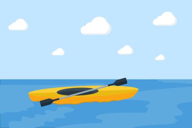 Okyanus dalgaları ikonunda kano teknesi. Deniz macerası, kano aktivitesi ve yaz su sporları konsepti için yaratıcı vektör çizimi.