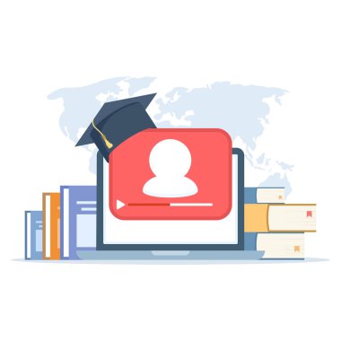 Monitörde öğrenciyle sanal öğrenmenin vektör çizimi, derece kapağı, dünya haritası ve kitap. Çevrimiçi eğitim ve dijital pazarlama stratejisini temsil eden temiz tasarım.