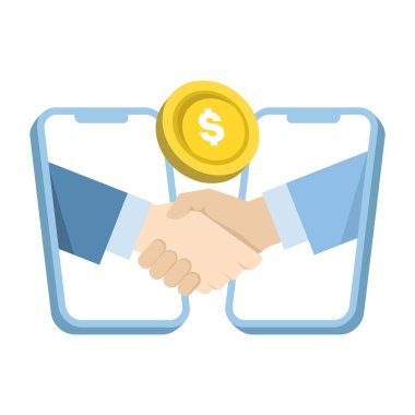 Cep telefonu ve dolar tokalaşmasını gösteren iş konsepti vektörü. Dijital ödemeleri, finansal anlaşmaları, fintech platformlarını ve çevrimiçi ticareti sembolize eden temiz illüstrasyon.