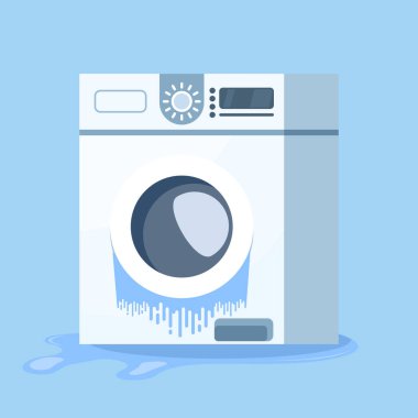 Hasarlı çamaşır makinesinin vektör çizimi. Yere su dökülmesi, alet arızası, tamirat ve ev bakımı konsepti düz stil..
