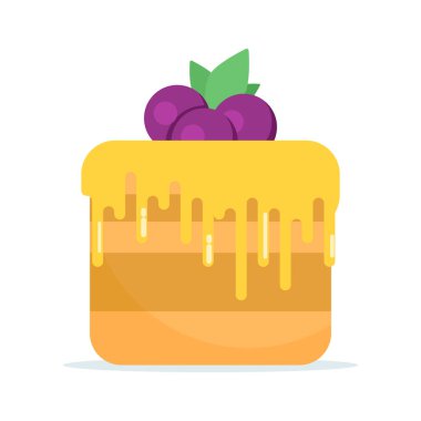 Düz çizgi film pasta tatlı vektörü. Tatlı katmanlı pasta, süsleme ve süsleme, fırın yemekleri, tatlı ikram ve beyaz üzerine izole edilmiş kutlama illüstrasyonları..