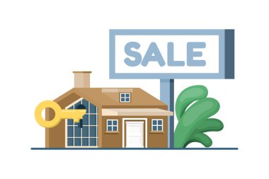 Satış kurulu için evin vektör illüstrasyonu. Emlak işlemlerini, emlak listelerini, konut piyasası eğilimlerini ve daire tasarımı konseptlerini temsil eder.