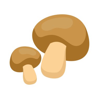 Şirin düz mantarlar vektör illüstrasyonunu ayarlar. Kahverengi şampiyon mantarı beyaz arka planda izole edilmiş, sağlıklı besin bileşeni konsepti.