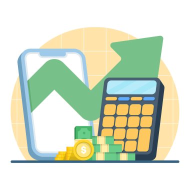 Yükselen tablo ve kar konsepti ile iş finansmanı büyümesi görselleştirmesi. Yatırım iadesi artışı, ekonomik kalkınma, gelir genişlemesi ve para yönetimi stratejisi illüstrasyonu.