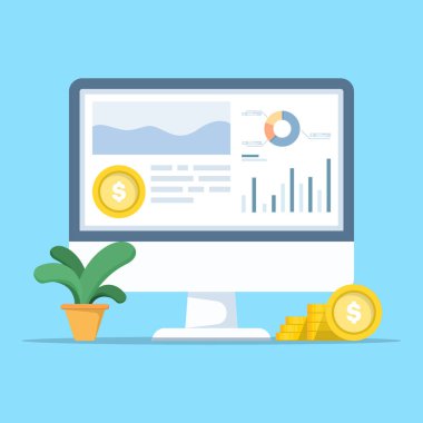 Düz tasarımda analitik, grafikler, iş anlayışı ve performans gözlemlemesini gösteren, finansal panel vektörlü bilgisayar ekranı.