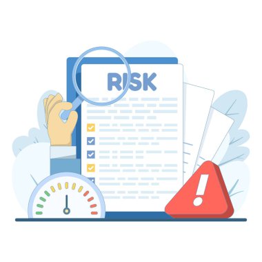 Şirket risk değerlendirmesi ve iş analitik arayüzü içeren tehlike alarmı kavramı. Mali tehdit izleme, düzenleyici uyum kontrolü ve stratejik risk azaltma illüstrasyonu.