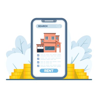 Gayrimenkul uygulamalı akıllı telefonun vektör çizimi, emlak satın alma, dijital mülk yönetimi, gayrimenkul için modern daire tasarımı, çevrimiçi ev satın alma, yatırım kavramı.