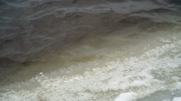 Kind of close up. Riverside ice and muddy water — Stock Video