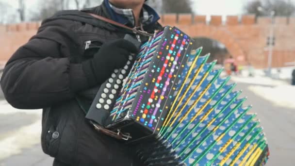 Mann spielt Ziehharmonika vor dem Kreml — Stockvideo