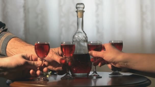 Cuatro amigos sostienen vasos con tintura de arándano — Vídeo de stock