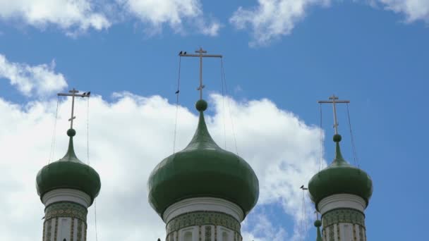 Dark green domes with crosses of the monastery — Stock Video