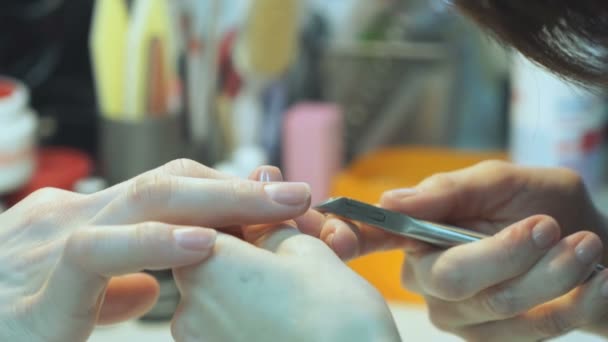 A female master makes manicure of hands girl — Stock Video