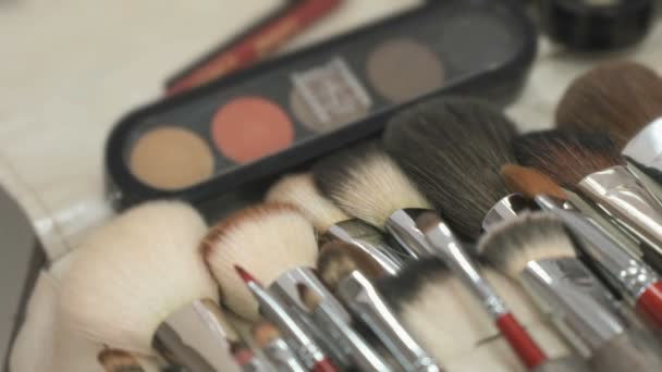 Palette cosmétique maquillage et brosses sur table — Video