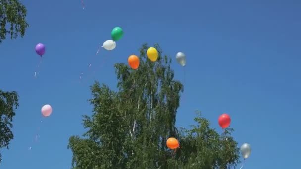 Цветные воздушные шары, летящие в голубом небе — стоковое видео