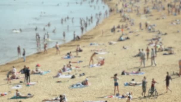 Blurred video with bokeh. People relaxing on beach — Stock Video