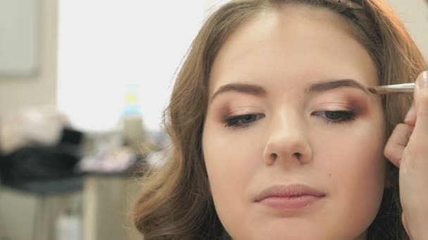 Maquillaje artista hacer maquillaje para una chica — Vídeo de stock