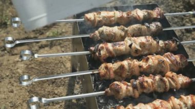 Domuz eti şiş kömürlerin üzerinde metal şiş üzerinde pişirme