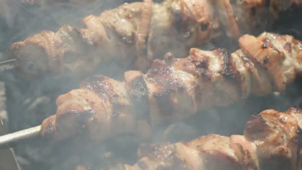 La carne se prepara sobre las brochetas metálicas a los carbones al aire libre — Vídeo de stock