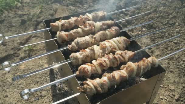 Cocinar deliciosos kebabs en brochetas de metal sobre carbones — Vídeo de stock